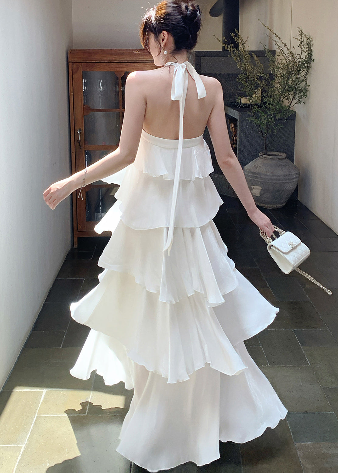 Italian White Ruffled Cold Shoulder Chiffon Halter Dress Summer 4