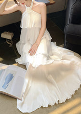Italian White Ruffled Cold Shoulder Chiffon Halter Dress Summer 5