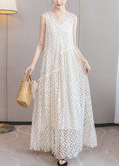 Italian White Ruffled Patchwork Lace Long Dresses Sleeveless 2
