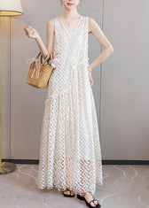 Italian White Ruffled Patchwork Lace Long Dresses Sleeveless 3