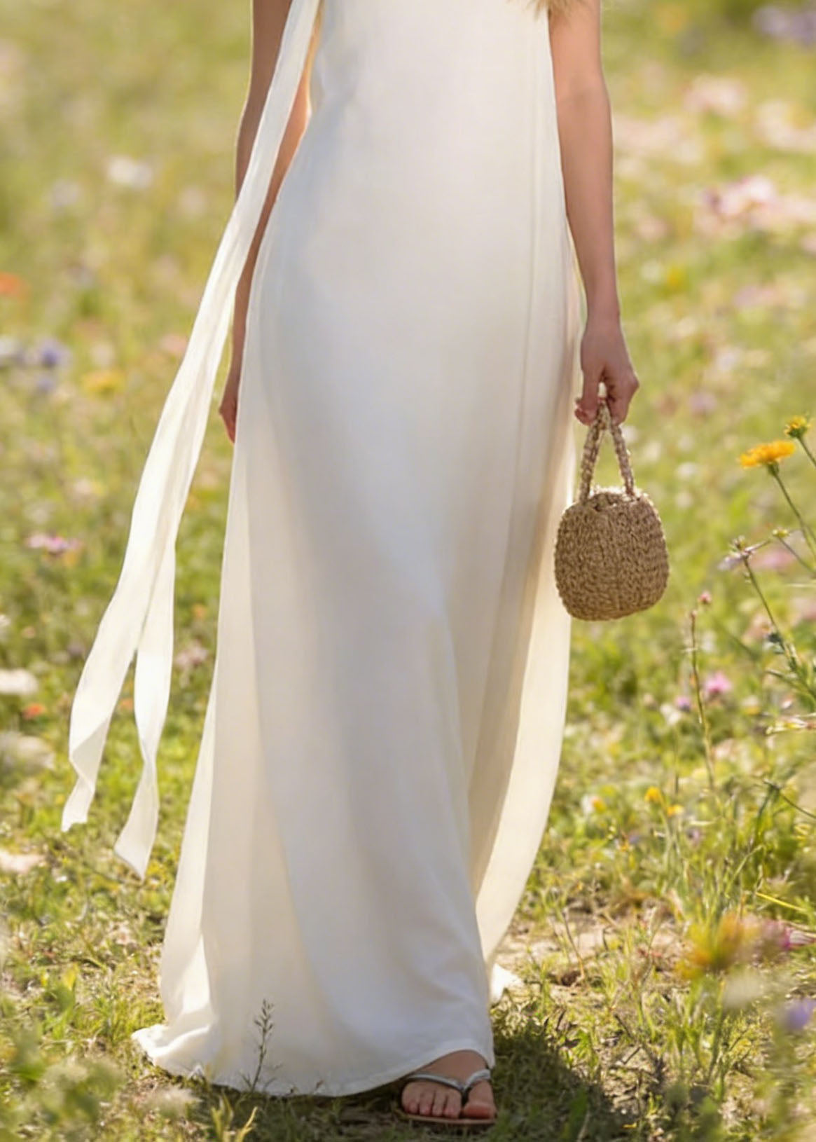 Italian White Simple Chiffon Spaghetti Strap Dress Summer 4