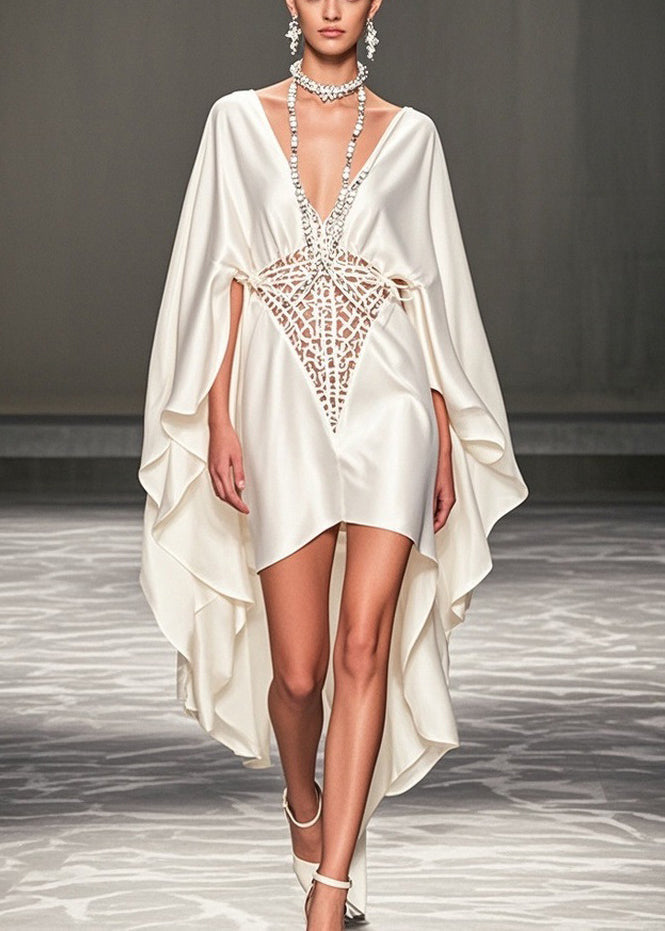 Deep V-Neck Cape Sleeve Lattice Cut Out High Low Party Gown
