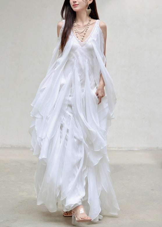 Chiffon Sleeveless V-Neck Tiered Cascading Handkerchief Ruffle Maxi Gown