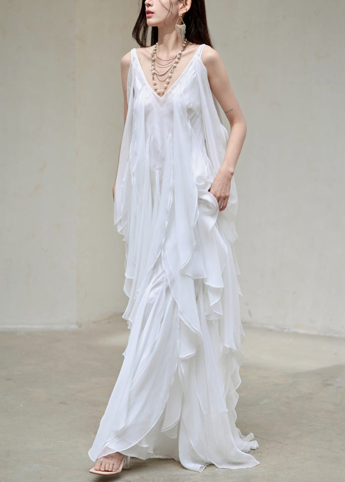 Chiffon Sleeveless V-Neck Tiered Cascading Handkerchief Ruffle Maxi Gown