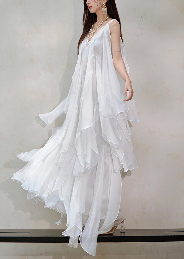 Chiffon Sleeveless V-Neck Tiered Cascading Handkerchief Ruffle Maxi Gown