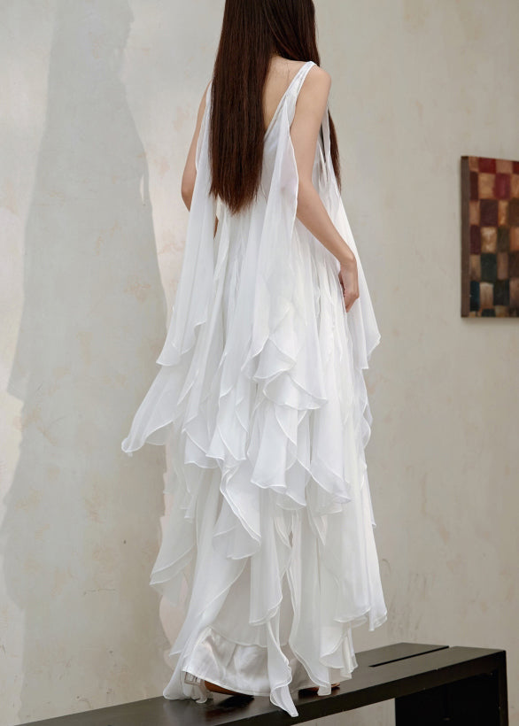 Chiffon Sleeveless V-Neck Tiered Cascading Handkerchief Ruffle Maxi Gown
