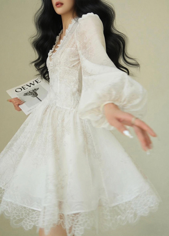 Italian White V Neck Print Lace Patchwork Mid Dress Puff Sleeve 4