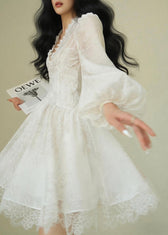 Italian White V Neck Print Lace Patchwork Mid Dress Puff Sleeve 4