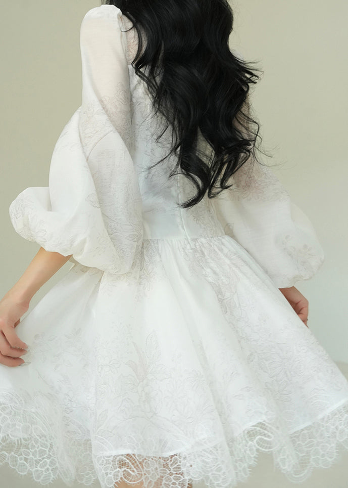 Italian White V Neck Print Lace Patchwork Mid Dress Puff Sleeve 5
