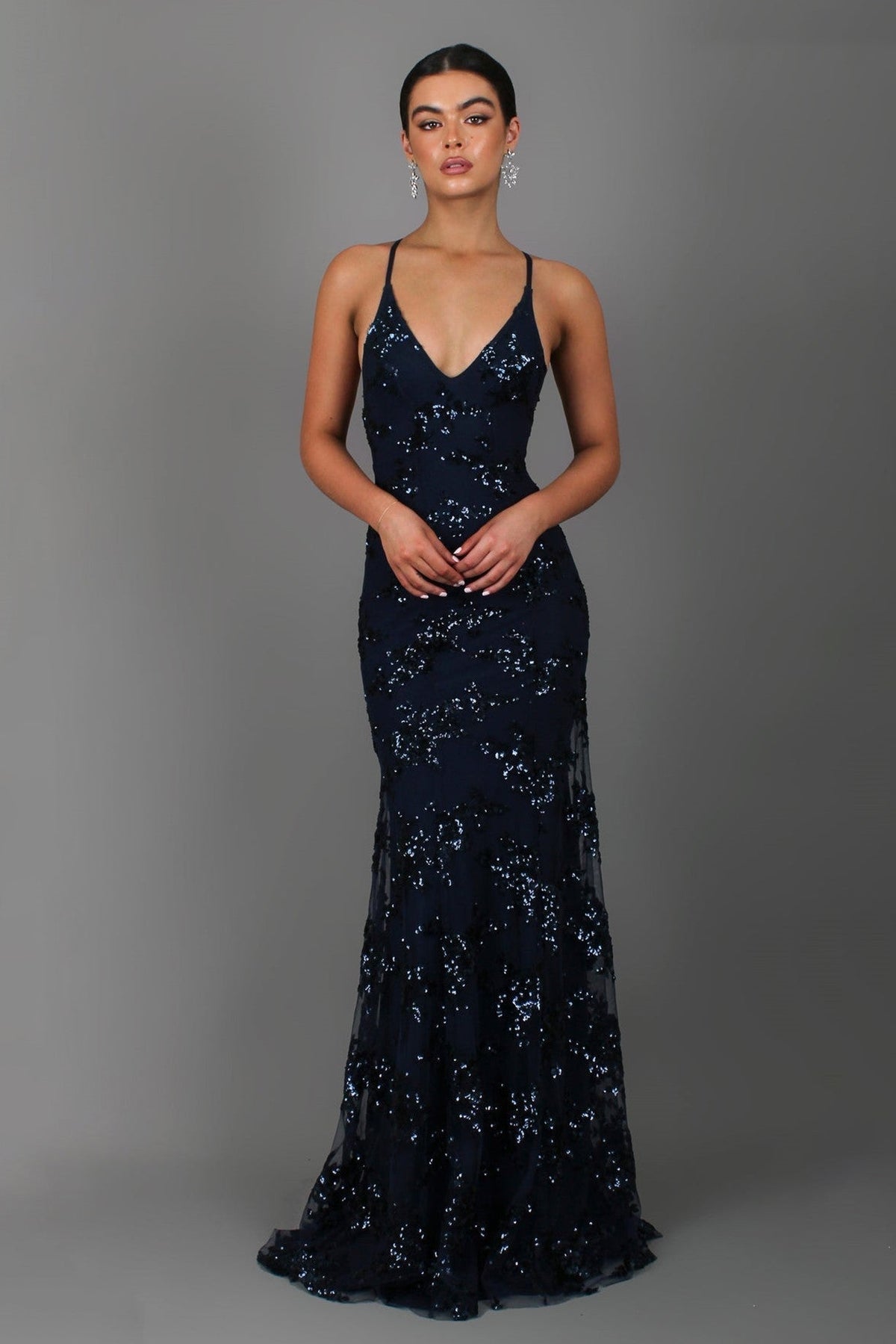 Sequin Mesh Deep V-Neck Spaghetti Strap Mermaid Maxi Formal Gown