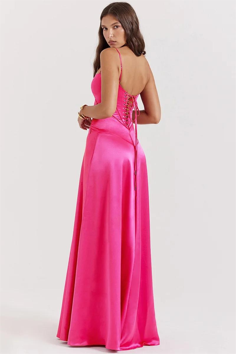 Satin Spaghetti Strap Seamed Bodice Drop Waist Flared Maxi Dress 2