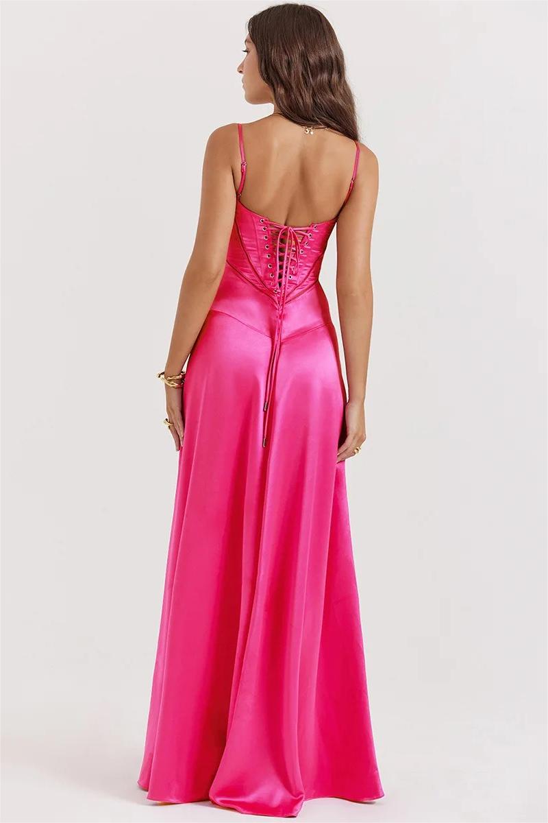 Satin Spaghetti Strap Seamed Bodice Drop Waist Flared Maxi Dress 3