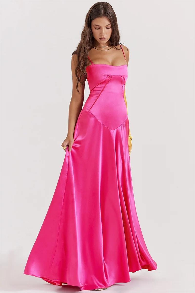 Satin Spaghetti Strap Seamed Bodice Drop Waist Flared Maxi Dress 4