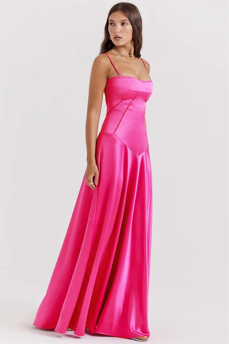 Satin Spaghetti Strap Seamed Bodice Drop Waist Flared Maxi Dress 6
