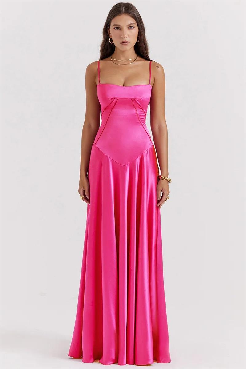 Satin Spaghetti Strap Seamed Bodice Drop Waist Flared Maxi Dress 5