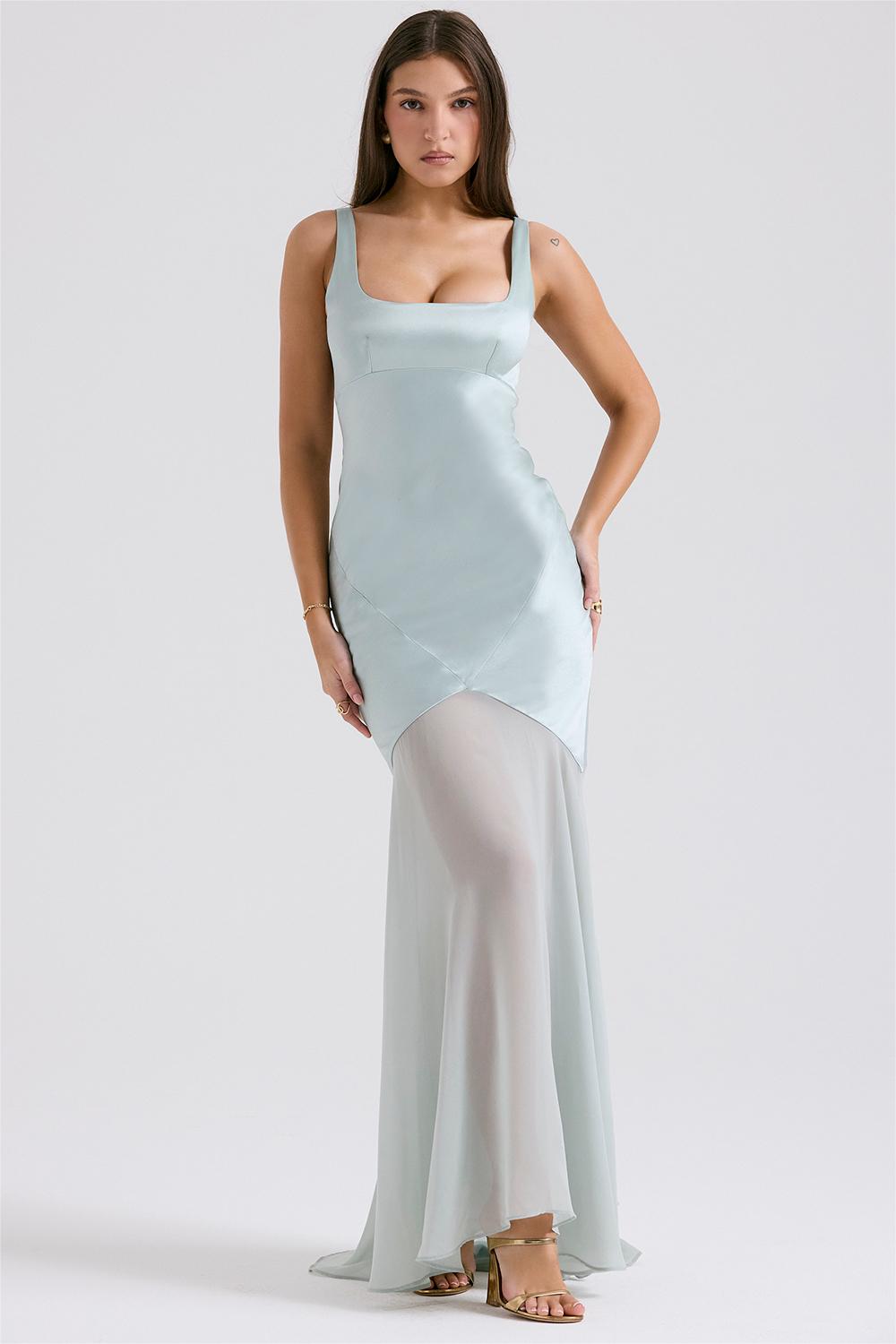 Solid Satin Mesh Sleeveless Maxi Dress 7