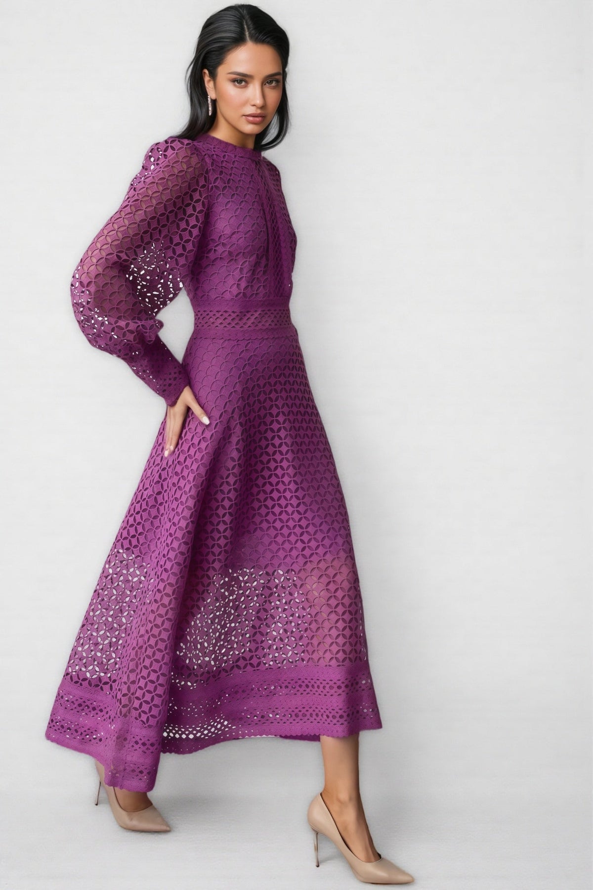 Eyelet Lace Crew Neck Lantern Sleeve A-Line Midi Dress