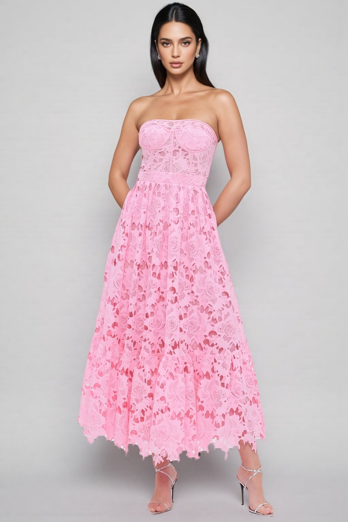 Floral Guipure Lace Strapless Bustier Fit and Flare Midi Dress