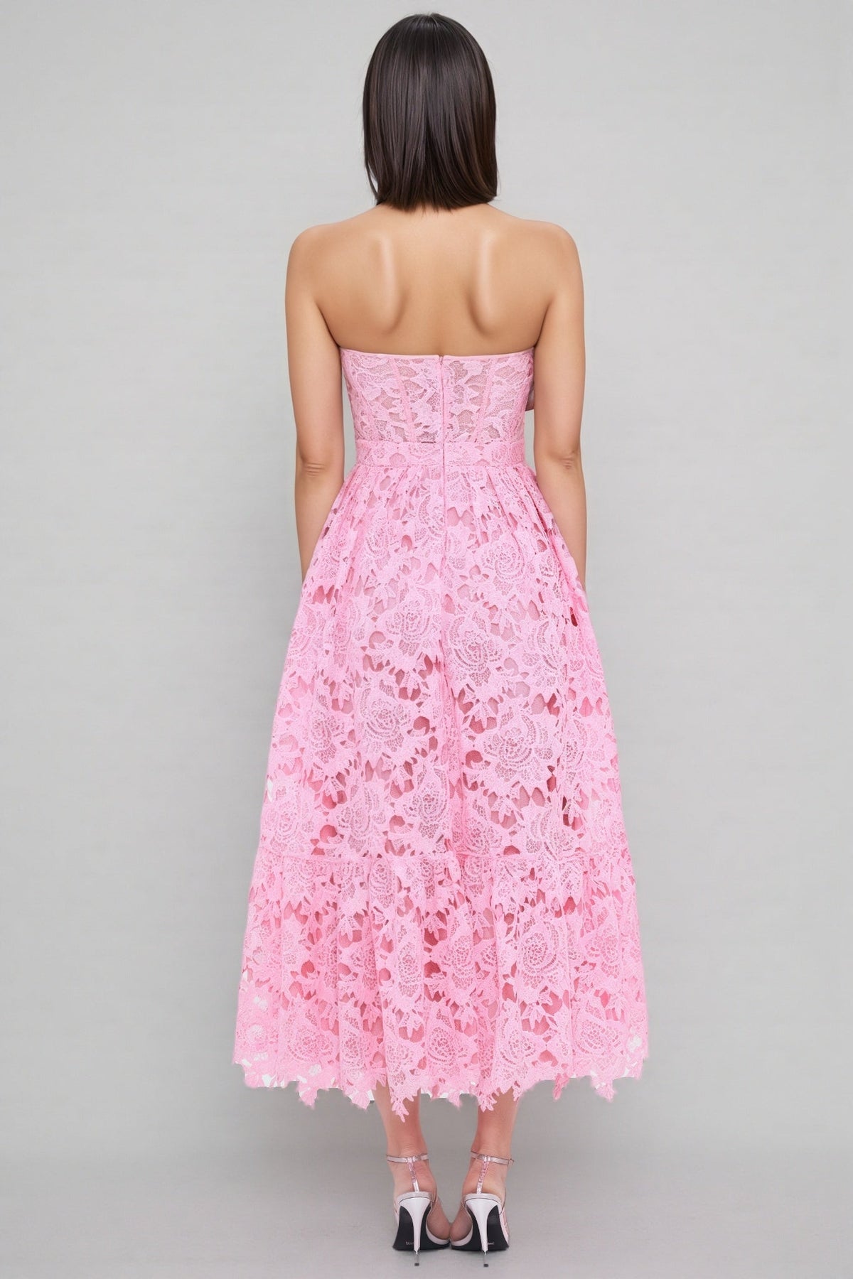 Floral Guipure Lace Strapless Bustier Fit and Flare Midi Dress 3
