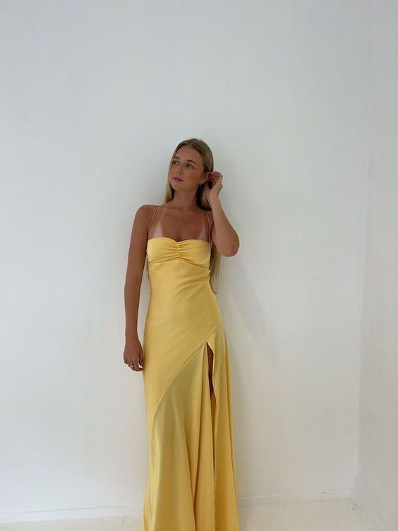 Sexy Spaghetti Straps Yellow Satin Slit Party Dress Evening Dress cc1836