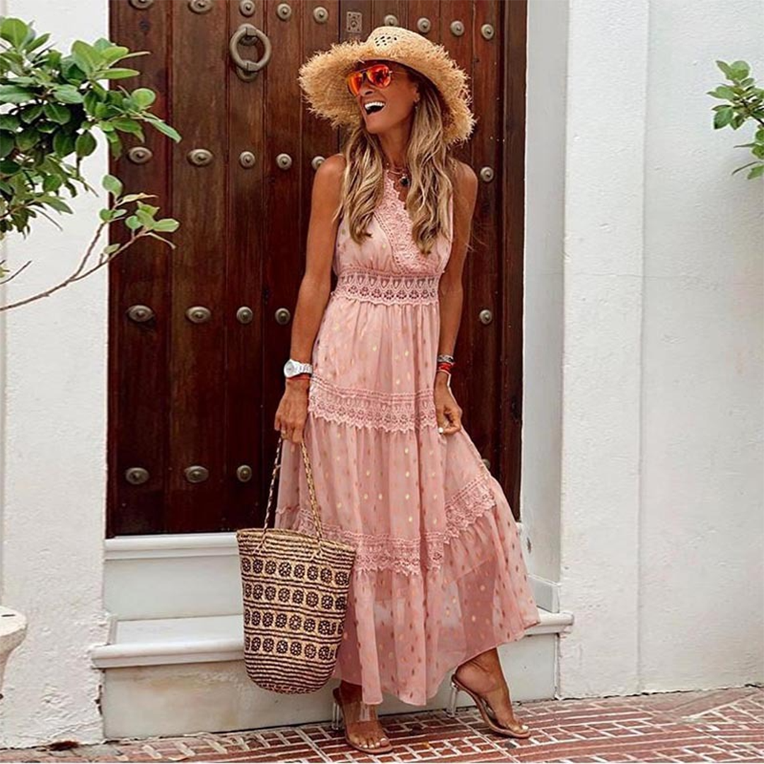 Halter V-Neck Lace Trim Tiered Boho Maxi Summer Dress