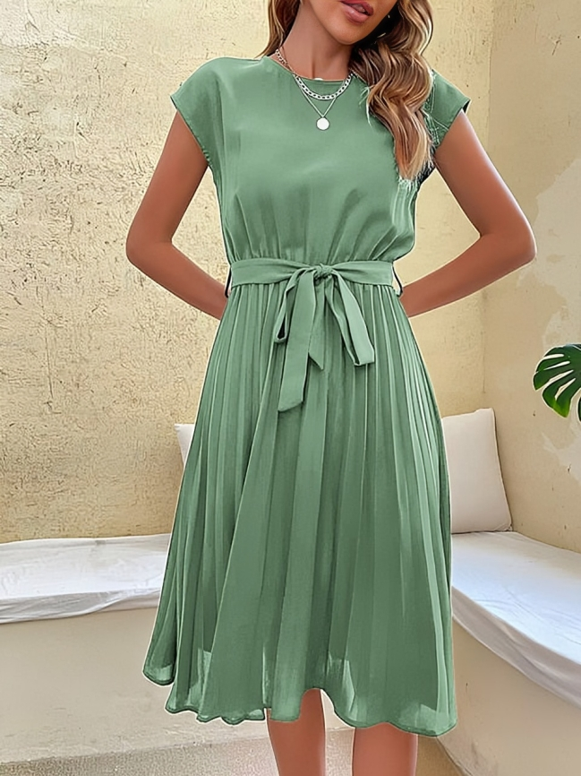 Fiona Premium Chic Short Sleeved Dress with Tie Belt Everyday Luxe Edit
