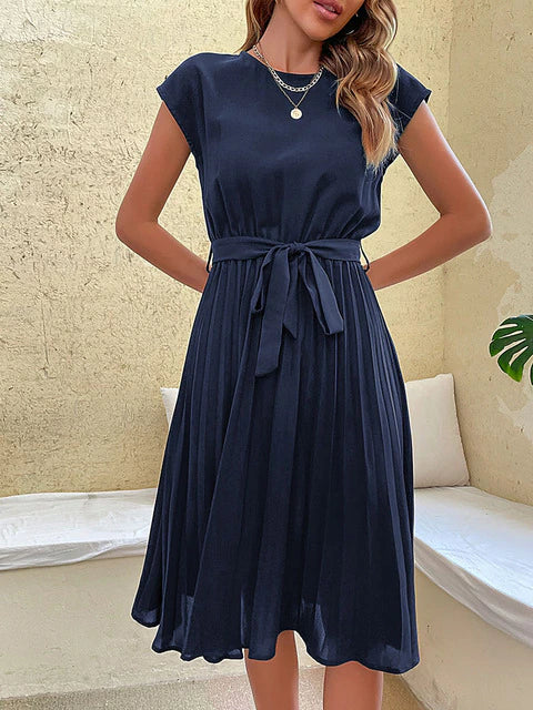 Sabina Chic Short Sleeve Pleated Casual Mini Dress for Summer Everyday Luxe Edit