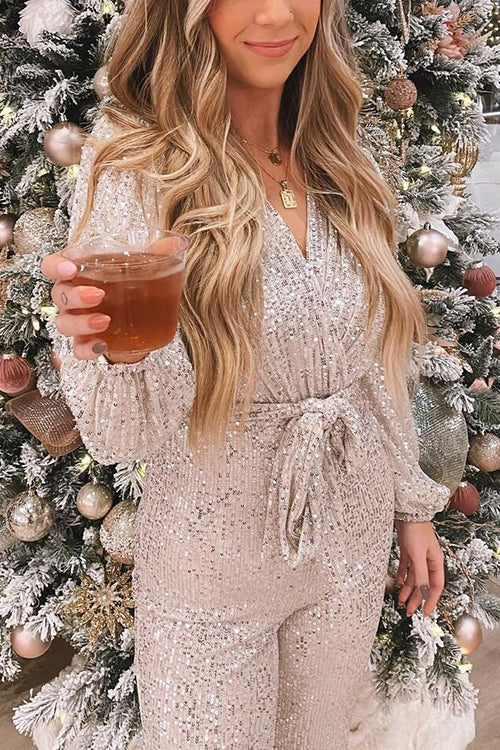Sequin Draped Belted Puff Sleeve Wide Leg Jumpsuit