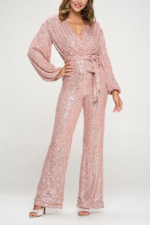 Sequin Draped Belted Puff Sleeve Wide Leg Jumpsuit