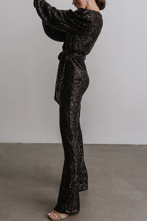Sequin Draped Belted Puff Sleeve Wide Leg Jumpsuit