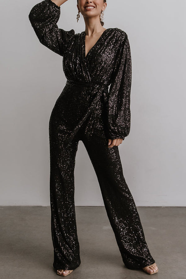 Sequin Draped Belted Puff Sleeve Wide Leg Jumpsuit
