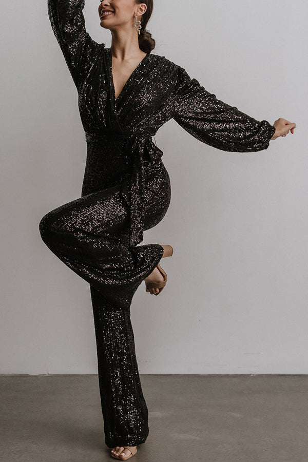 Sequin Draped Belted Puff Sleeve Wide Leg Jumpsuit