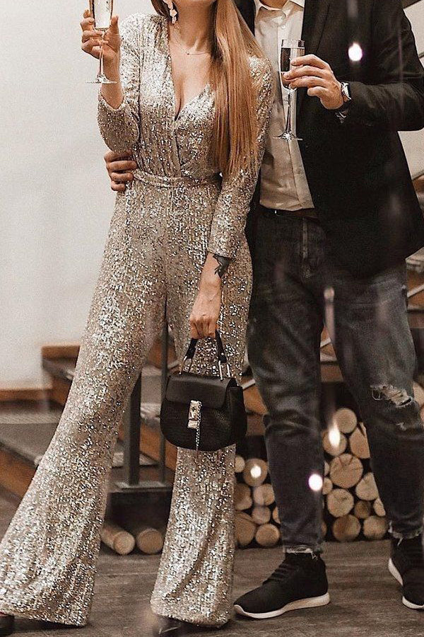 Sequin Draped Belted Puff Sleeve Wide Leg Jumpsuit