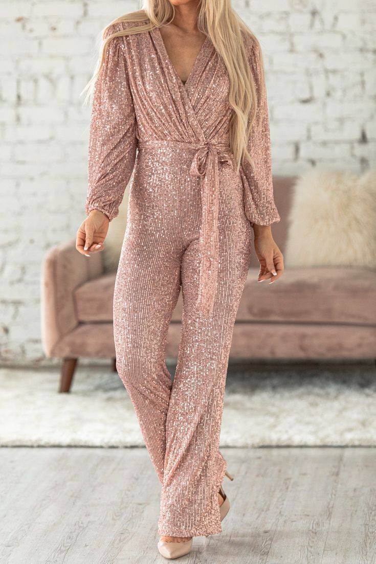 Sequin Draped Belted Puff Sleeve Wide Leg Jumpsuit