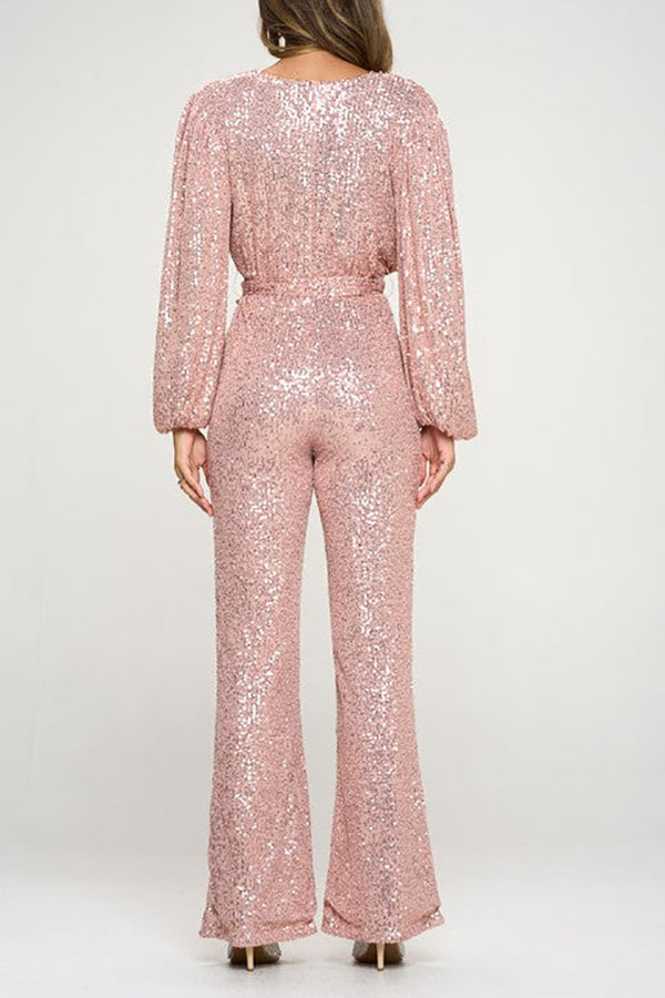 Sequin Draped Belted Puff Sleeve Wide Leg Jumpsuit