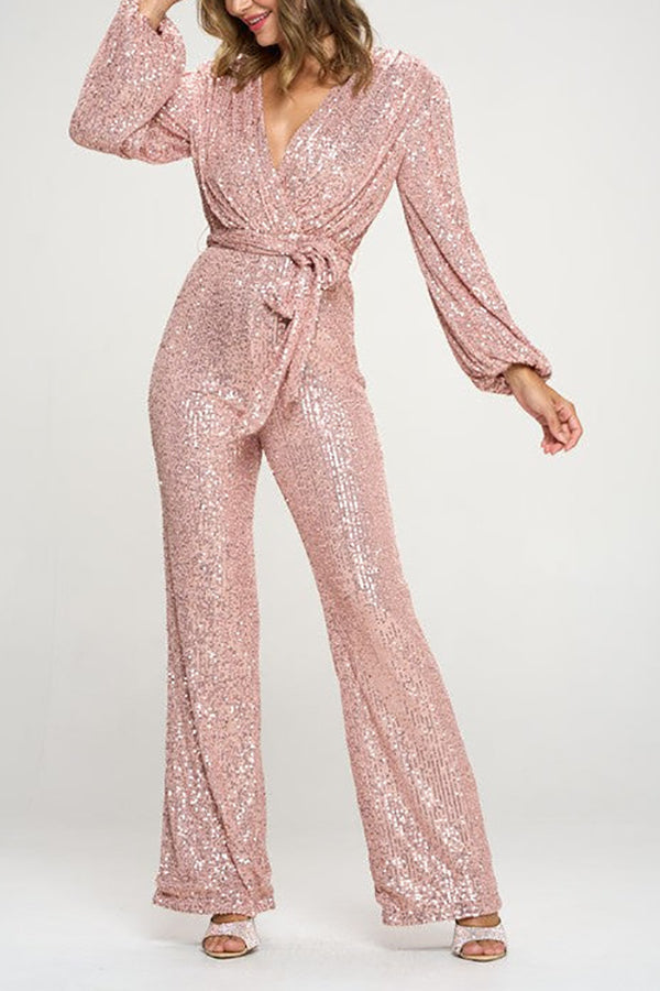 Sequin Draped Belted Puff Sleeve Wide Leg Jumpsuit