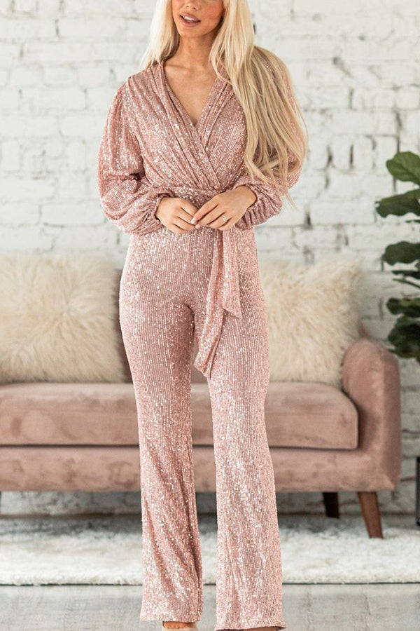 Sequin Draped Belted Puff Sleeve Wide Leg Jumpsuit