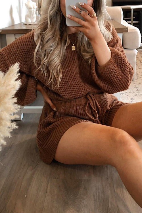 O Neck Puff Long Drawstring Sweater Romper
