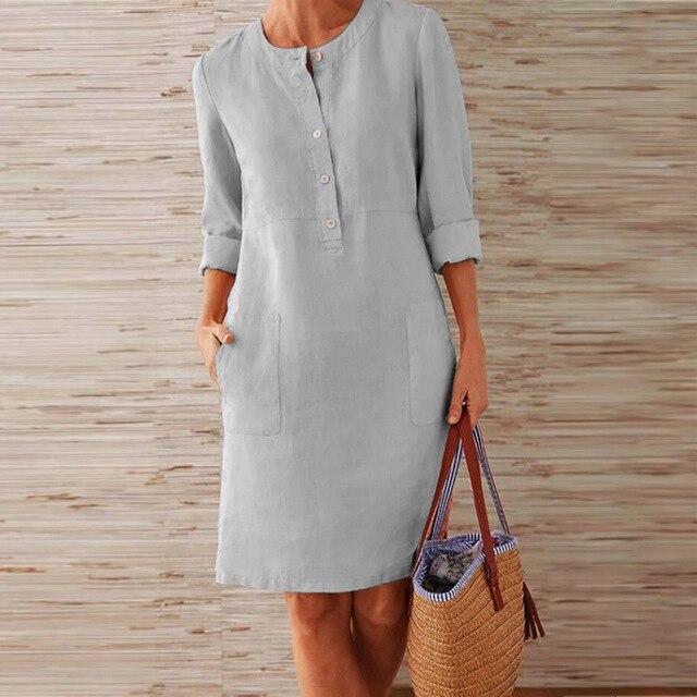 Round Neck Button Placket Patch Pocket Rolled Cuff Shift Midi Summer Dress