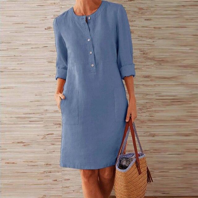 Round Neck Button Placket Patch Pocket Rolled Cuff Shift Midi Summer Dress