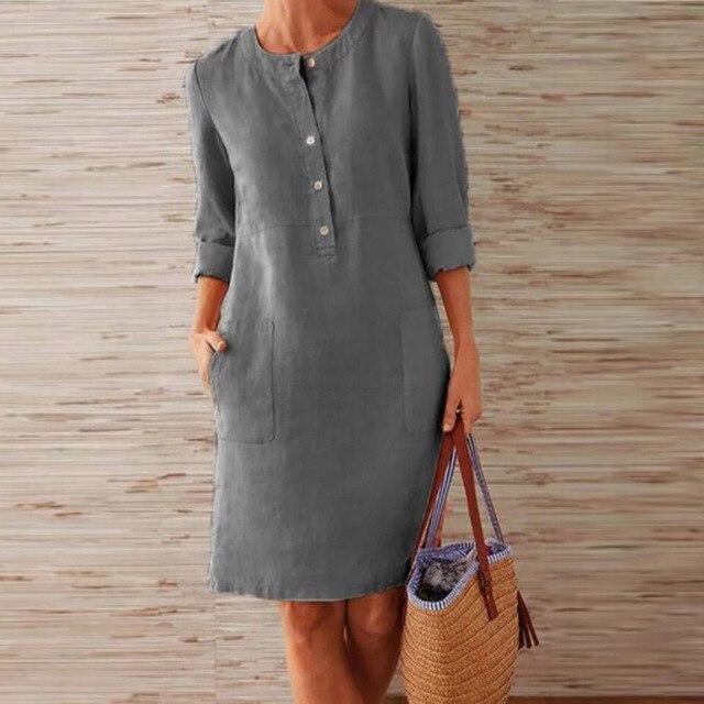 Round Neck Button Placket Patch Pocket Rolled Cuff Shift Midi Summer Dress