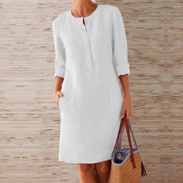 Round Neck Button Placket Patch Pocket Rolled Cuff Shift Midi Summer Dress