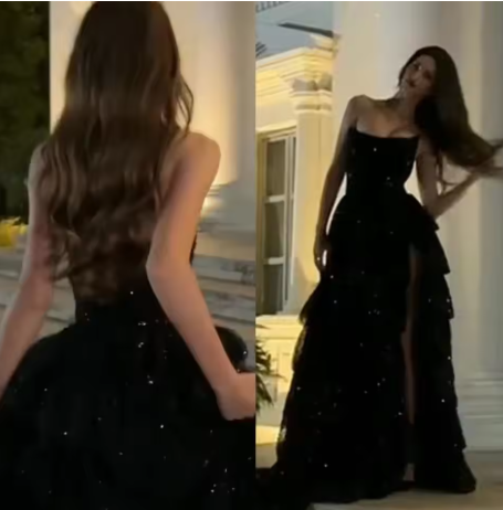 Elegant Black Sequin Layered Slit Evening Dress Formal Party Prom Dress cc1419