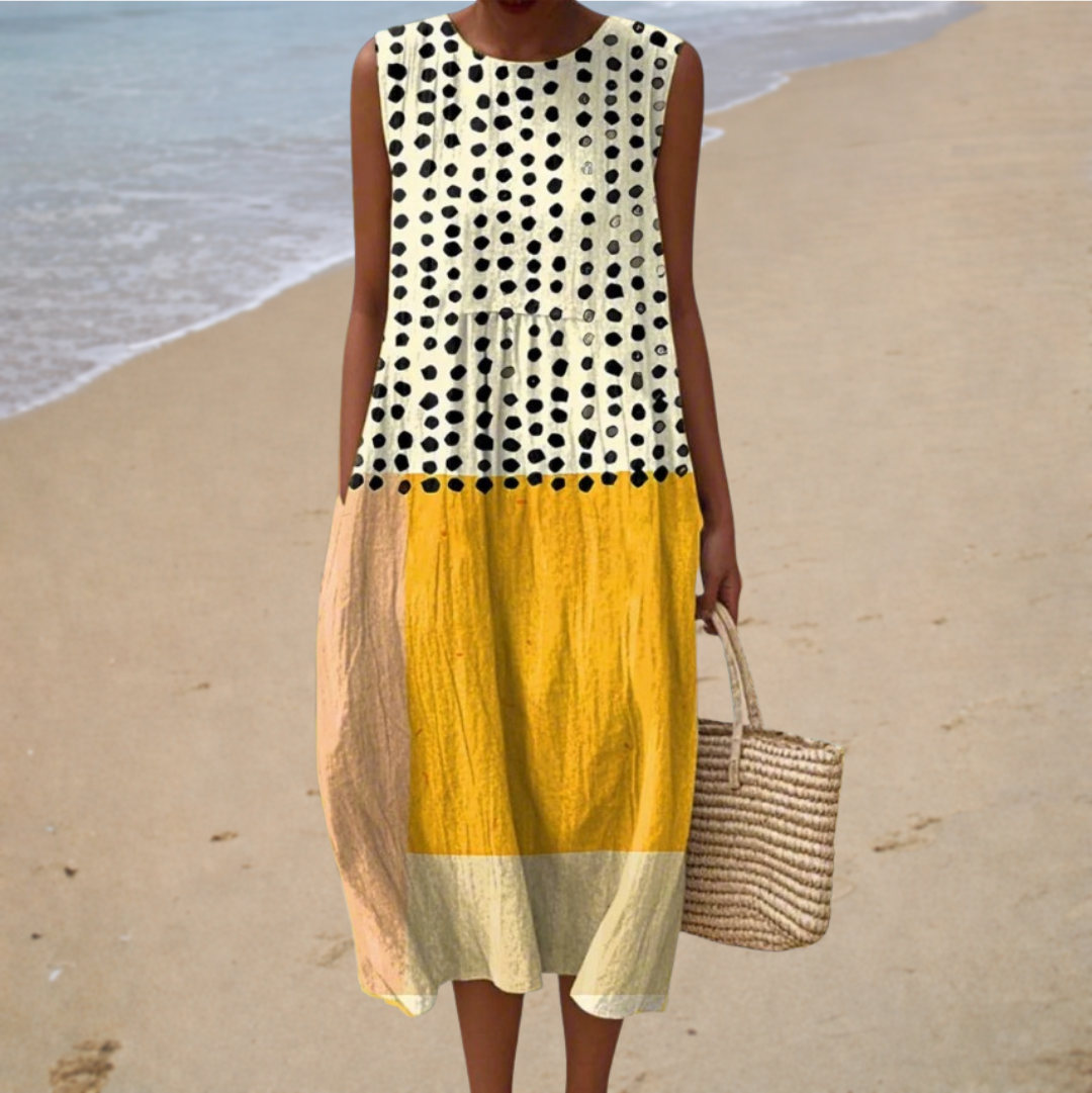 Polka Dot Patchwork Sleeveless Round Neck Midi Dress