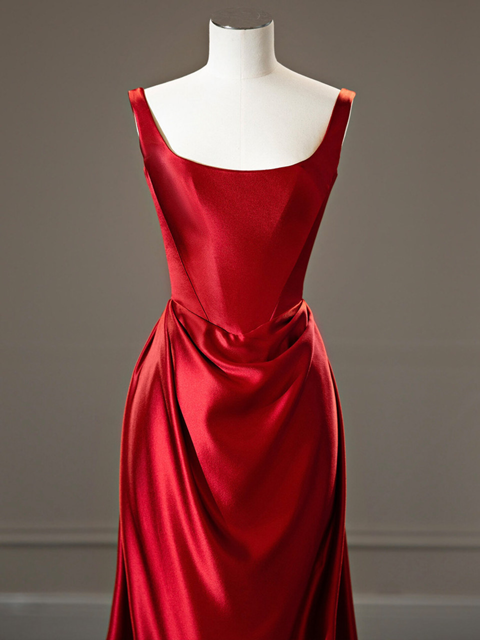 Elegant Red Satin Straps Pleats Prom Dress Long Party Evening Dress cc1926