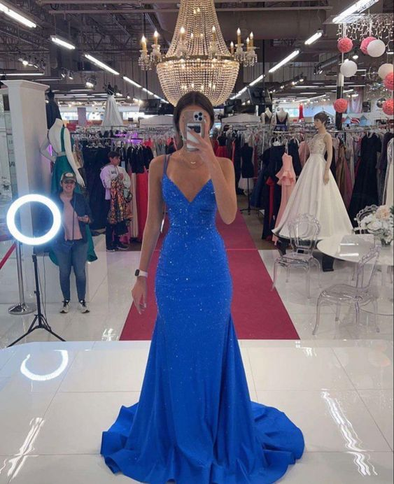 Charming Blue Mermaid Evening Dress,Blue Glam Dress cc1215