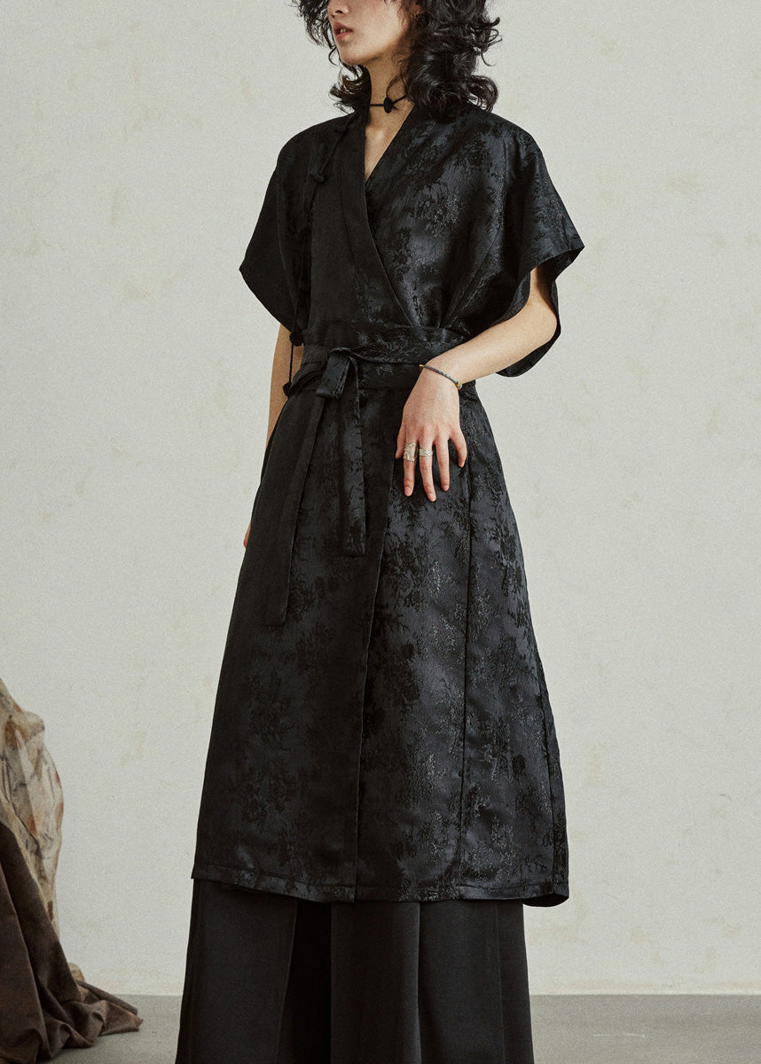 Jacquard Frog Button Wrap Sleeveless Midi Dress
