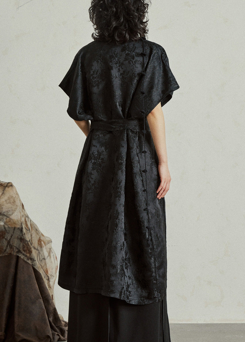 Jacquard Frog Button Wrap Sleeveless Midi Dress