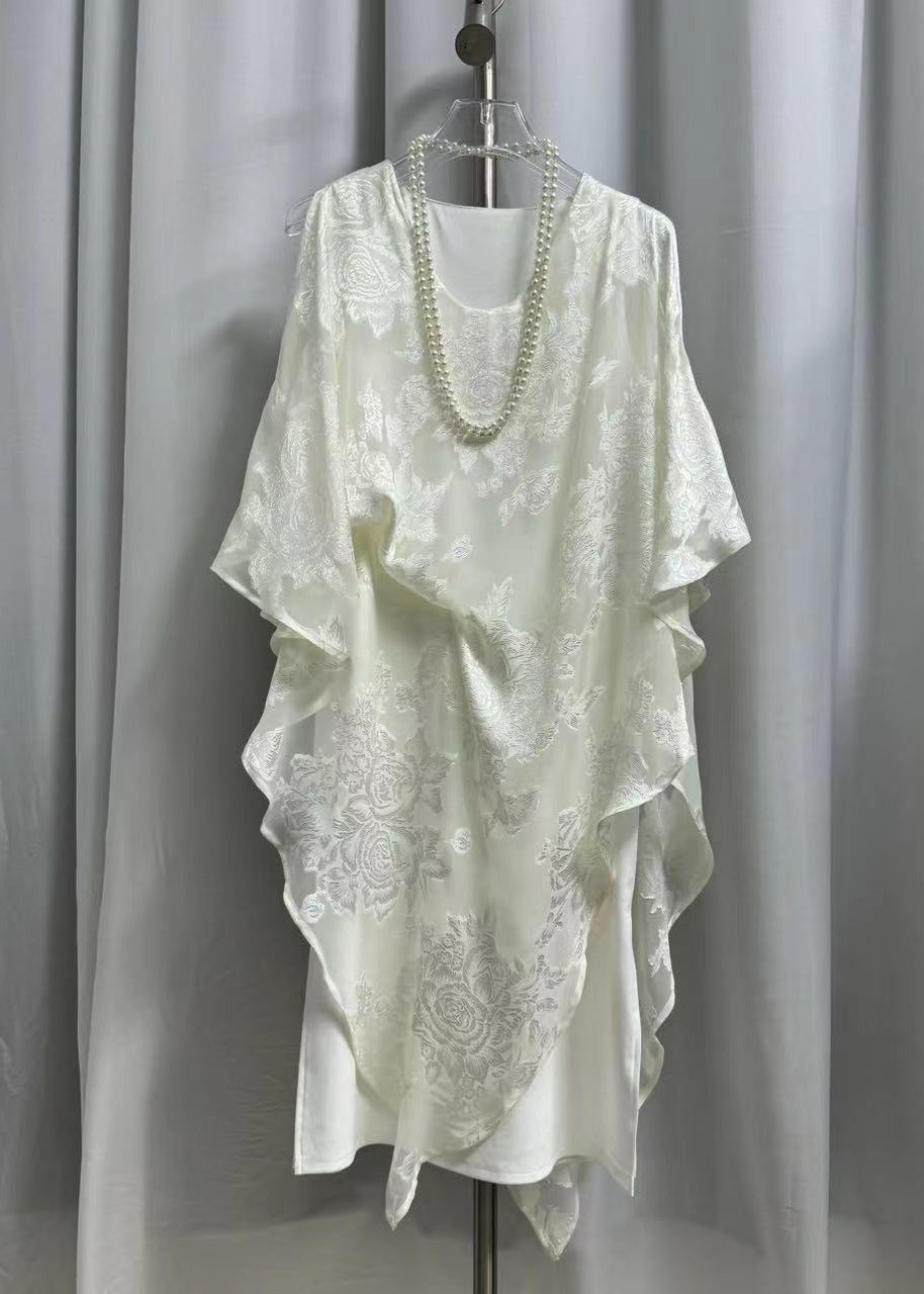 Floral Jacquard Sheer Cape Overlay Handkerchief Hem Midi Dress