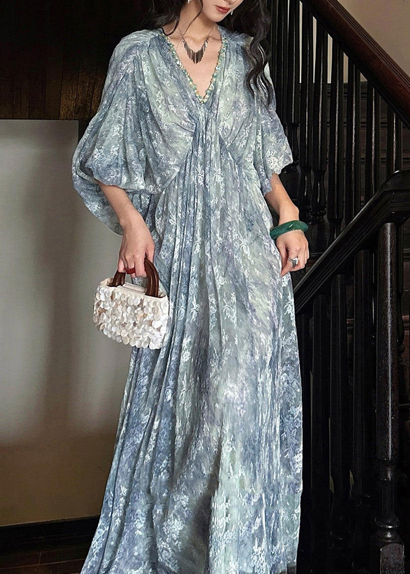 Jacquard Floral Print Deep V-Neck Puff Sleeve Pleated Empire Waist Maxi Gown